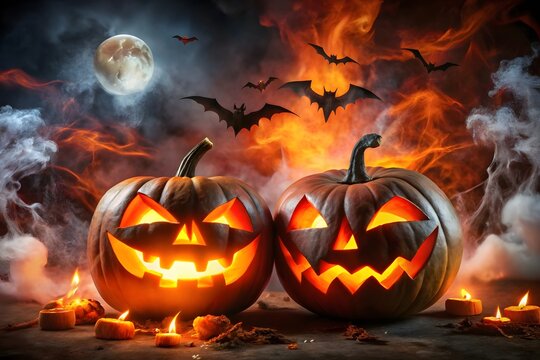 Photo of two glowing carved halloween pumpkins with scary faces and candles in front of a dark, smoky background with bats and a full moon
