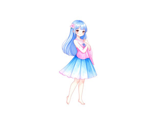 Fototapeta premium Cute anime girl with long blue hair and a pink flower wearing a watercolorstyle dress and posing shyly.