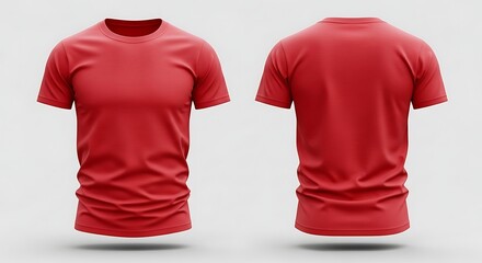 Blank red crew neck t-shirt mockup with front and back views isolated on a light grey background for apparel design.