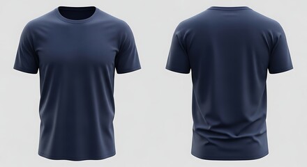 Blank navy blue t-shirt mockup with front and back views. Isolated classic casual wear template for design.