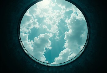 Obraz premium view of dynamic cloud formations through circular urban architectural opening casting light rays