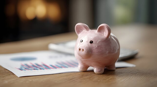 Piggy bank on office desk with financial graphs