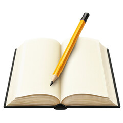 Open book with a yellow pencil, ready for writing, journaling on transparent background