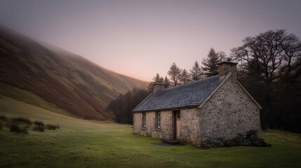 Fototapeta premium Rustic stone cottage nestled in a valley at dawn.