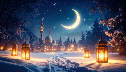 Snowy Mosque with Crescent Moon Night.