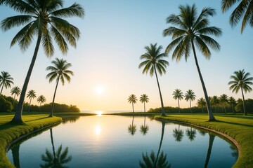 Obraz premium Tropical palm tree landscape at sunrise with water reflections and soft natural light in a peaceful, exotic background setting. Ai generative