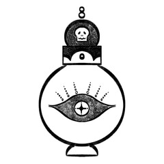 ‪Spooky Halloween Potion Bottle Outline, ‬Hand Drawn Joyful Witch item Doodle Element Sticker Tattoo Black and White Illustration.