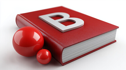 A red book with a letter b on top and two red balls next to it on a white surface in soft lighting