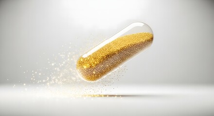 Floating Capsule of Golden Granules Radiating Light on White Background