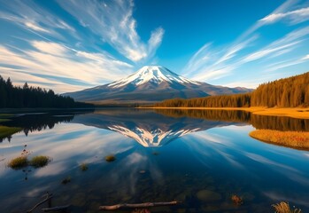 Mount Hood's snow-capped peak is perfectly reflected in the calm waters of an Oregon lake, surrounded by a serene morning forest landscape under a blue sky
