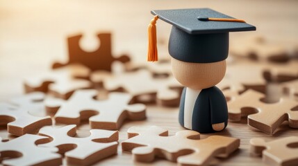 Education's Final Piece: A miniature graduate figure, crowned with a mortarboard and tassel, stands atop a scattered jigsaw puzzle.