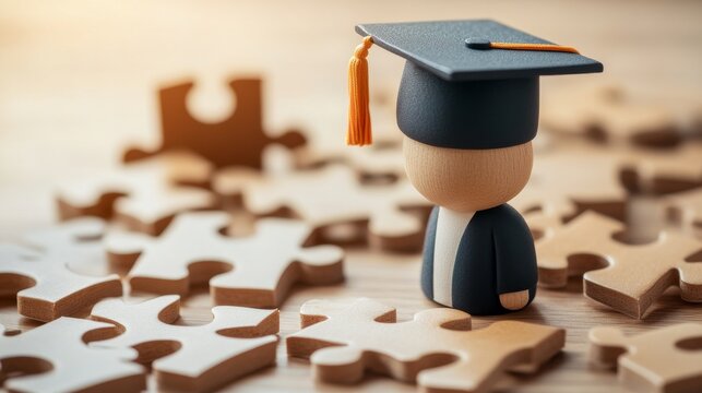 Education's Final Piece: A miniature graduate figure, crowned with a mortarboard and tassel, stands atop a scattered jigsaw puzzle.
