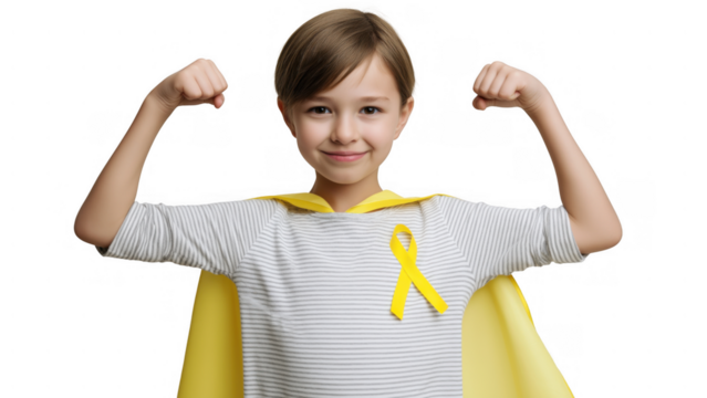 Girl flexes muscles in a yellow cape, created with AI, PNG