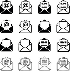 Collection of twelve email icons in various styles and states of openness on transparent background