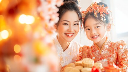 Harmonious Bond: A touching portrait of a mother and daughter, immersed in the beauty of a cultural festival, their faces radiant with shared joy and familial warmth. 