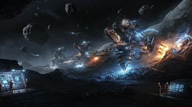 Futuristic mining operation on an asteroid in space