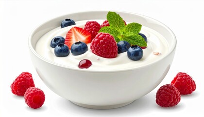 Creamy White Yogurt with Fresh Berries and Mint Garnish in White Bowl
