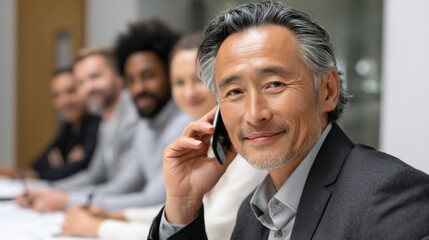 Middle-aged Asian man in a suit, leading a conference call with a diverse team
