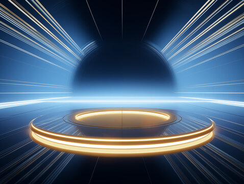 Dynamic futuristic stage with glowing podium and light streaks, perfect for award ceremonies or tech presentations.