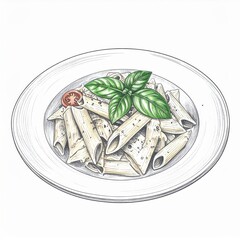 Penne Pasta with Creamy Sauce Garnished with Fresh Basil Leaves and Tomato Slice on White Plate