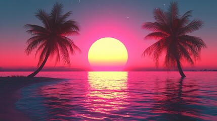 Naklejka premium Sunset over water with palm trees reflecting in the ocean pink and yellow.