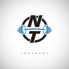 NT Fitness Logo with  Icon Creative Minimal Barbell symbol for Gym Branding. Active Lifestyle Identity Design