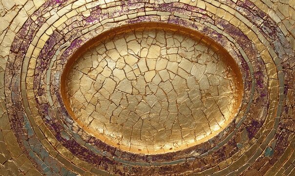 Gold-toned, cracked plate with concentric rings and accents