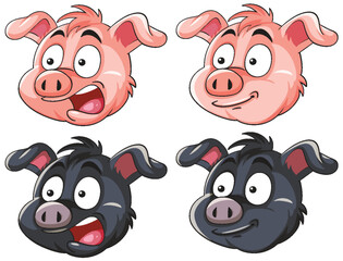 Cartoon Pig Faces With Varied Expressions Vector Set