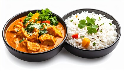 Chicken Tikka Masala with White Rice and Herbs in Black Bowls on White Background