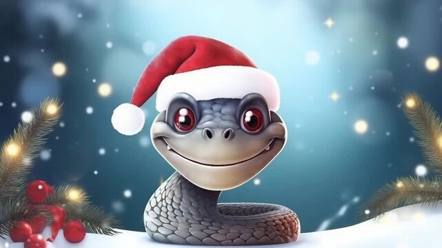 Cartoon style of happy snake in red santa hat outdoor with festive Christmas background with copy space. Year Of The Snake illustrative video. Reptile celebrating winter holidays. 