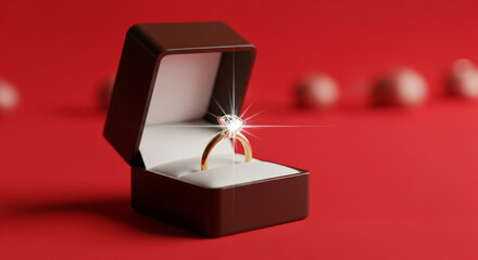 Stunning diamond engagement ring in elegant box against vibrant red background conveys love and commitment