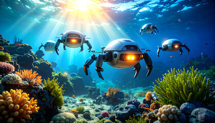 Underwater Robots Explore Coral Reef.