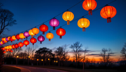 Colorful lanterns strung across a road at dusk with trees and a beautiful sunset in the background