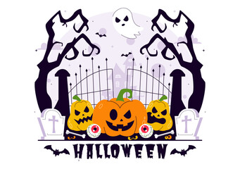 Happy Halloween Night Festival Vector Illustration featuring Pumpkins in the Moonlight, Ghosts, and Other Spooky Elements in a Flat Cartoon Background