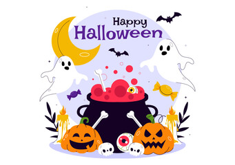 Happy Halloween Night Festival Vector Illustration featuring Pumpkins in the Moonlight, Ghosts, and Other Spooky Elements in a Flat Cartoon Background