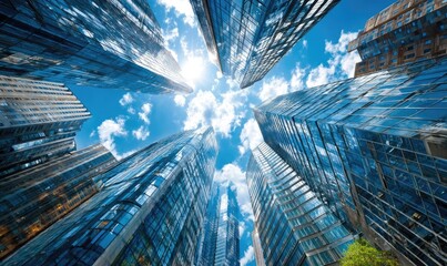 Skyscrapers reaching for a bright, cloudy sky