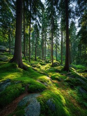 Sunlight filters through a dense forest, illuminating moss-covered rocks