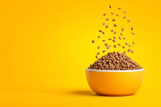 A yellow bowl filled with dry dog food with extra kibbles dropping into it against a bright yellow background.