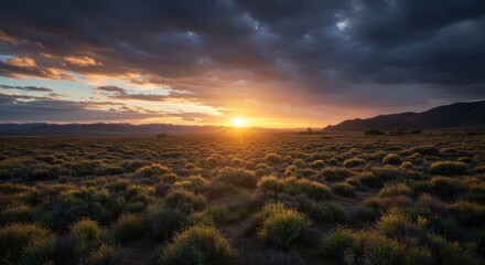 Dramatic Sunset Sky Over Vast Field with Green Bushes and Distant Mountains