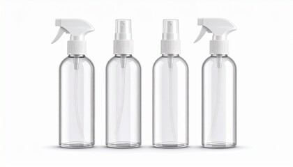 Set of blank transparent plastic bottles with trigger and fine mist sprayers for product mockups, isolated on white background