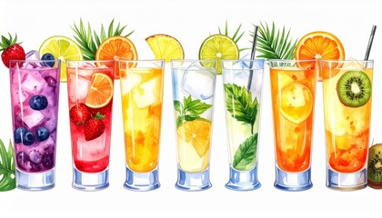 Watercolor Illustration of Fruity Summer Drinks with Assorted Berries and Citrus Fruits