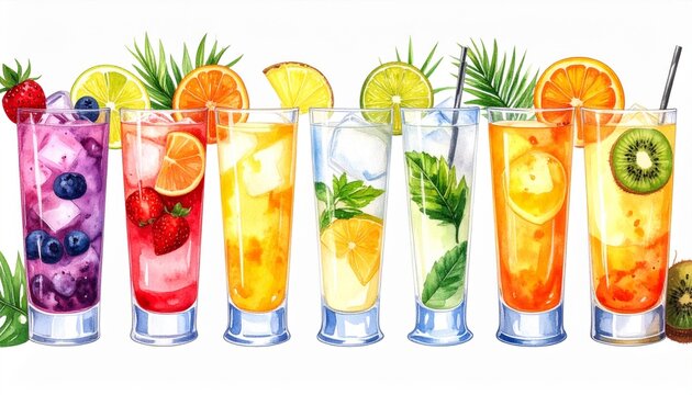 Watercolor Illustration of Fruity Summer Drinks with Assorted Berries and Citrus Fruits