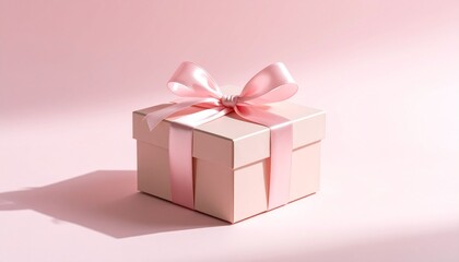 Obraz premium An elegant pink gift box with a lustrous satin ribbon tied in a perfect bow, set against a matching pastel pink background for celebrations.