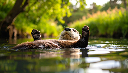 Otter floats river with lush nature.