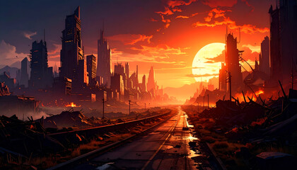 Postapocalyptic sunset city road.