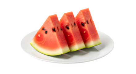 Juicy red watermelon slices artfully arranged on a crisp white plate, offering a refreshing taste of summer sweetness and vibrant healthy eating.
