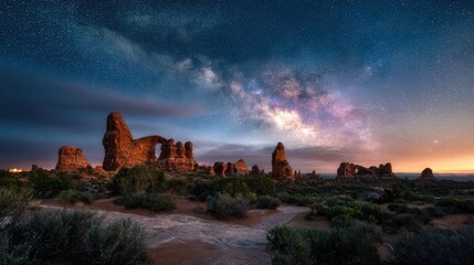 Fototapeta premium Starry night reveals the majestic rock formations within Arches National Park in Utah, under a breathtaking view of the Milky Way galaxy.