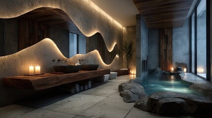 Modern spa bathroom with a natural hot tub