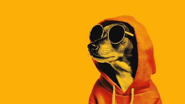 Minimalist pet dog in sunglasses and orange sweater against yellow background, trendy animal lifestyle template for pet products and social content.