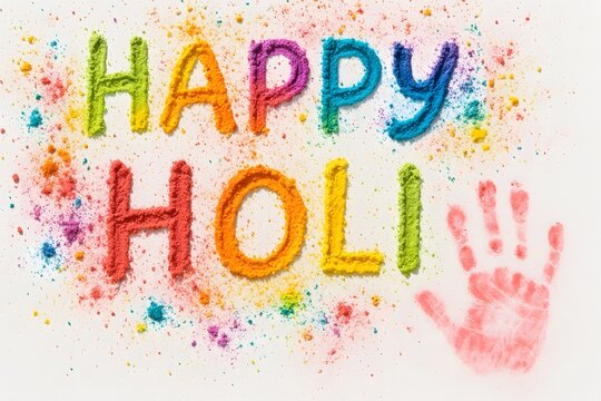 Colorful Holi Celebration Greeting with Vibrant Powder and Handprint - Powered by Adobe